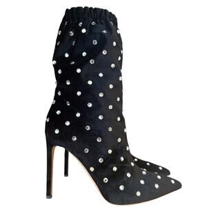 Valentino Garavani Black Velvet Crystal Sock Boot Pointed Toe Boots